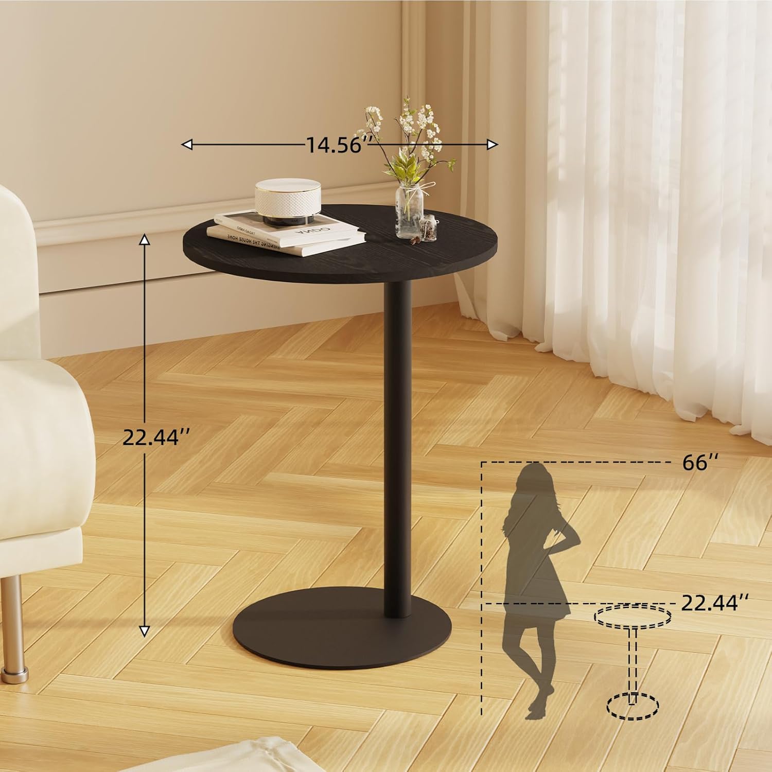 C Shaped End Table, Round Side Table, Small Drink Tv Tray Table for Small Spaces,Modern Accent Nightstand with Metal Leg for Living Room, Bedroom, Corners, and Office(Black)