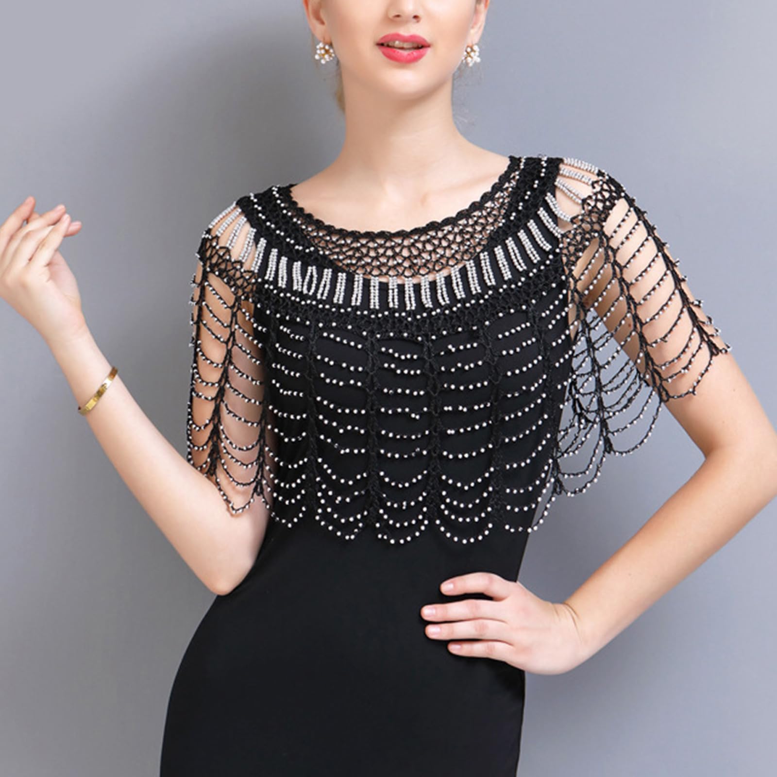 Châle à Paillettes Pour Femme Des Années 1920 - Cape De Soirée Avec Perles, Noir