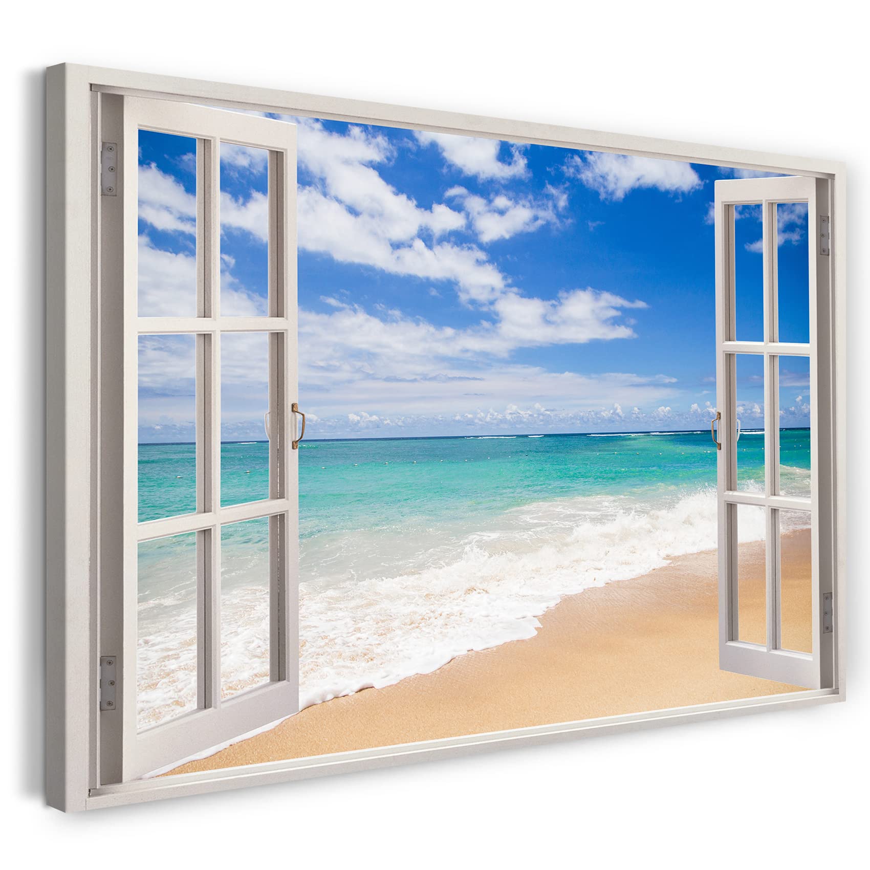 Print on Canvas (60x40 cm) view from the window - beach holiday sand sea sun - nature photography, real wood frame with hook