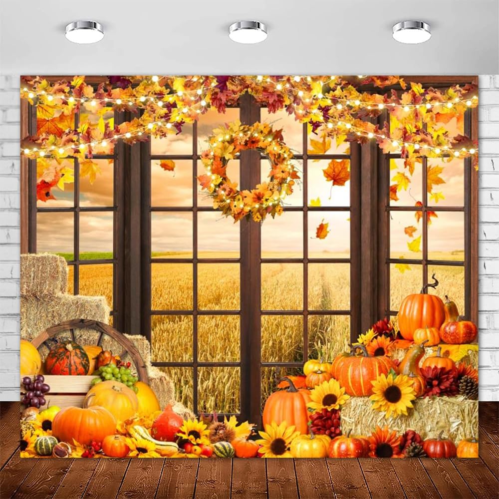 Thanksgiving Fall Large Backdrop 10x8ft Autumn Pumpkin Harvest Rustic Countryside Field Window Light Maple Hay Sunflower Background Baby Shower Birthday Party Decorations Photo Studio Props