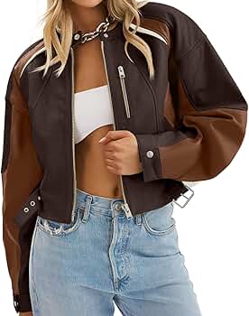 Tankaneo Womens Faux Leather Bomber Jackets Cropped Zip Up Color