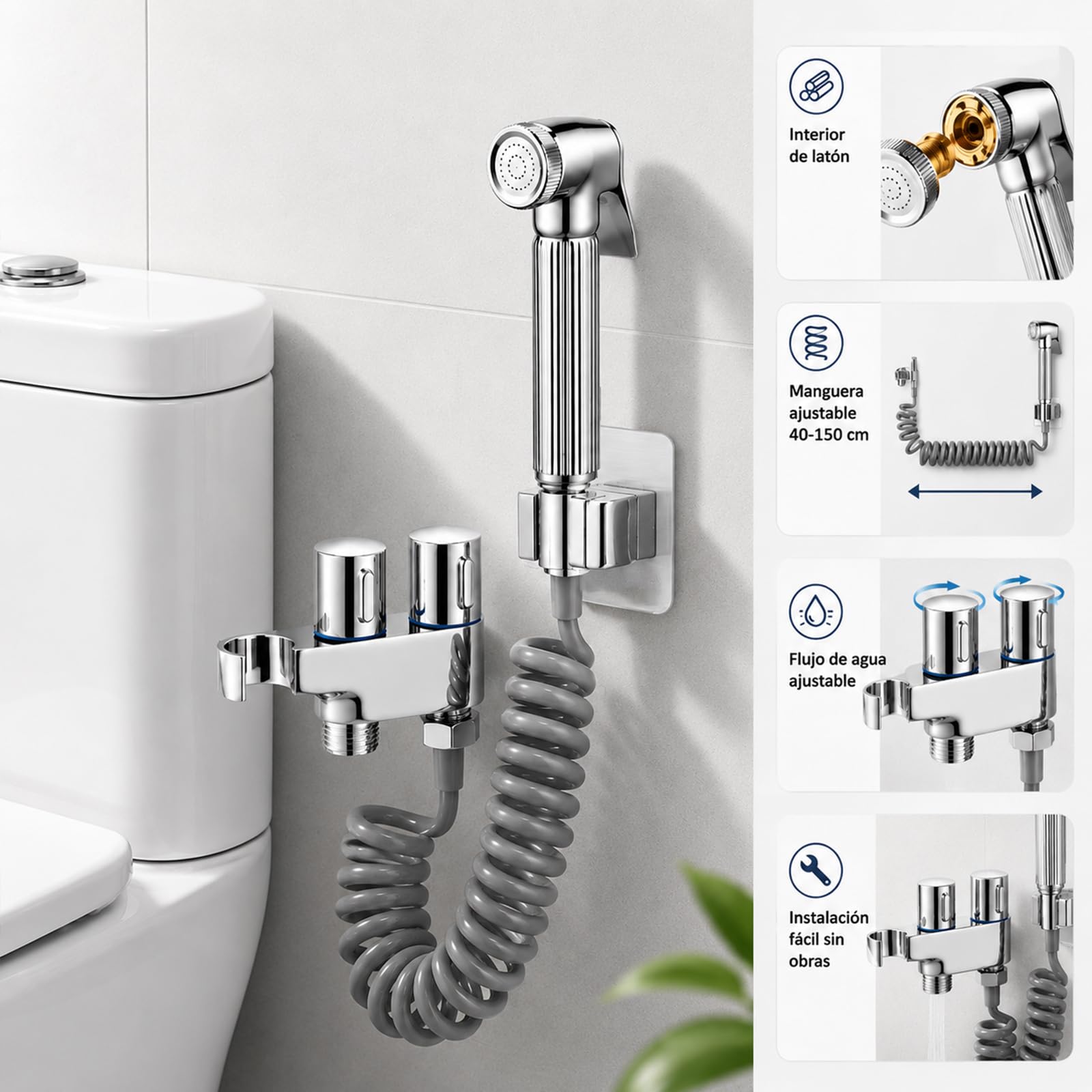 Ducha Higiénica WC con Soporte Integrado, Grifo Bidet de Latón con Manguera Espiral 1.5m, Fácil Instalación sin Obras, Pulverizador para Baño y Limpieza (Kit Actualizado)