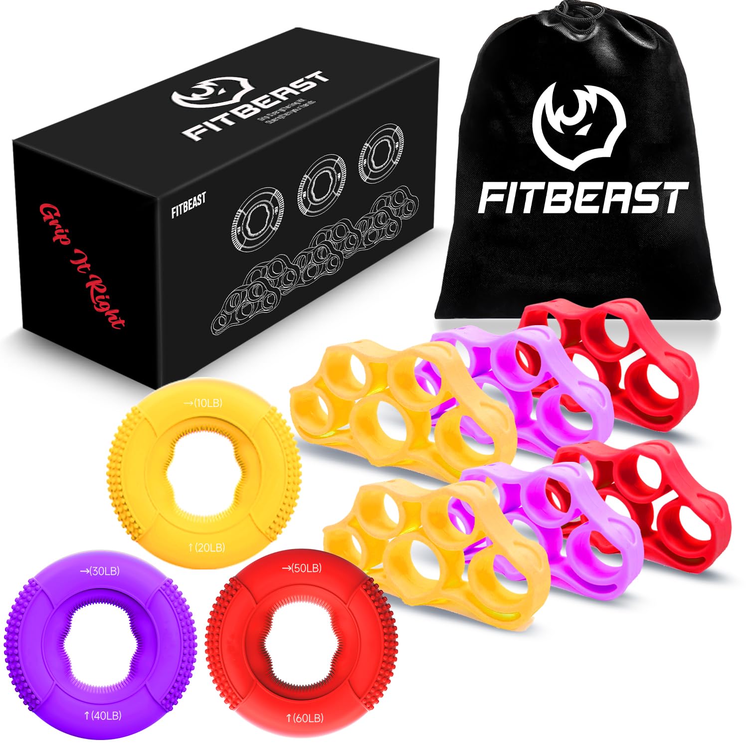 FitBeastGrip Strength Trainer, Finger Exerciser, Forearm Strengthener 9-Piece Kit, Hand Grip Strengthener Targeted Strength, Relief & Recovery