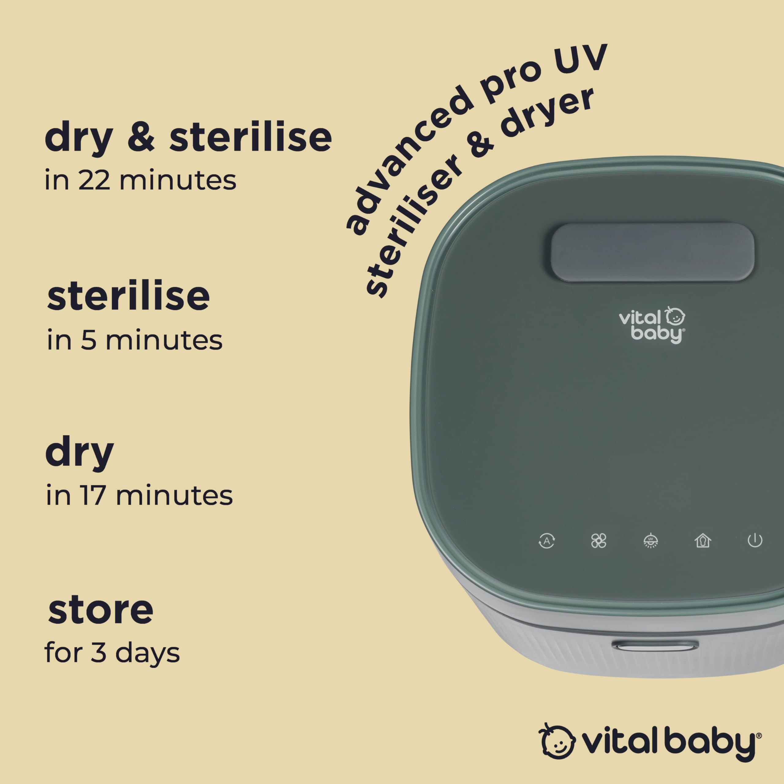 Vital Baby Stérilisateur UV pour biberons et accessoires - Tue 99,99% des germes en 5 minutes, stérilise, sèche et stocke, sans eau, vapeur ou produits chimiques - Vert olive