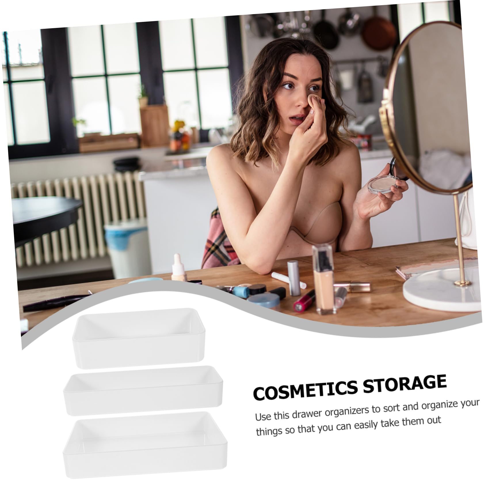 Operitacx Caja Organizadora para Cajones de Escritorio, 3 Piezas Pet Blanco | Borde Redondeado, Diseño Sencillo, Superficie Lisa y Uso Versátil para Baño y Maquillaje