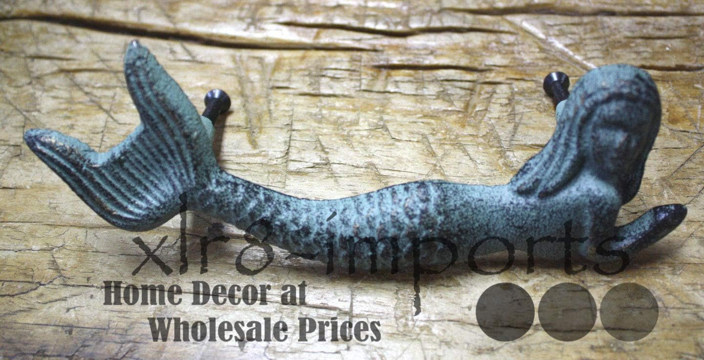 Vintage Antique 2 Cast Iron Nautical Mermaid Style Drawer Pull, Barn Handle, Door Handles Beach
