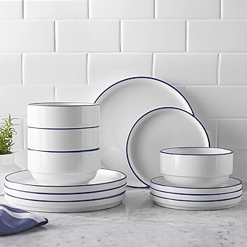 Stoneware Dinnerware Set with Blue Rim, 12-Piece, White