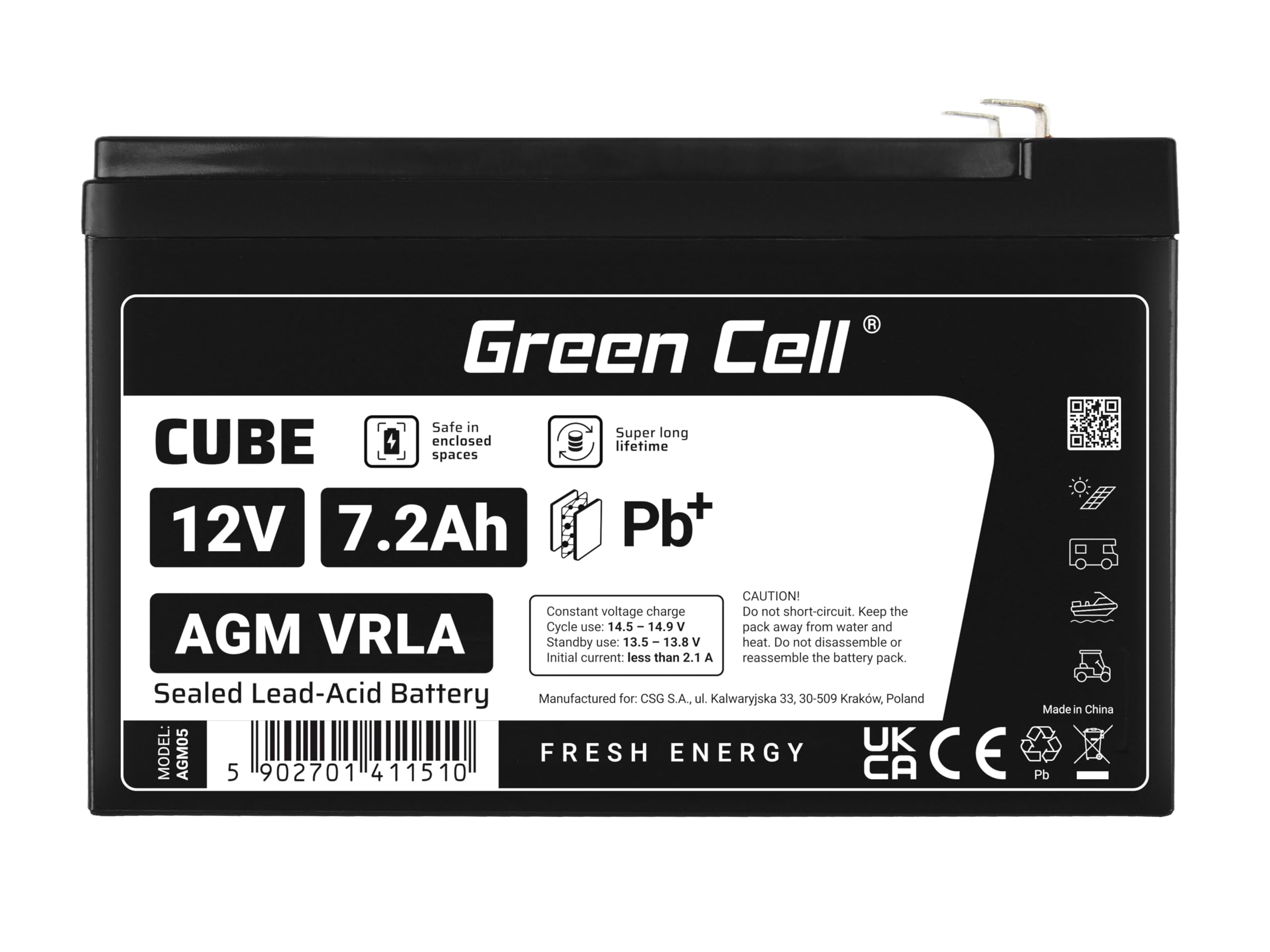 Green Cell Batteria AGM 12V 7,2Ah ricaricabile sigillata VRLA | Per UPS, allarmi, giocattoli elettrici, impianti solari, scooter, backup e uso ciclico senza manutenzione