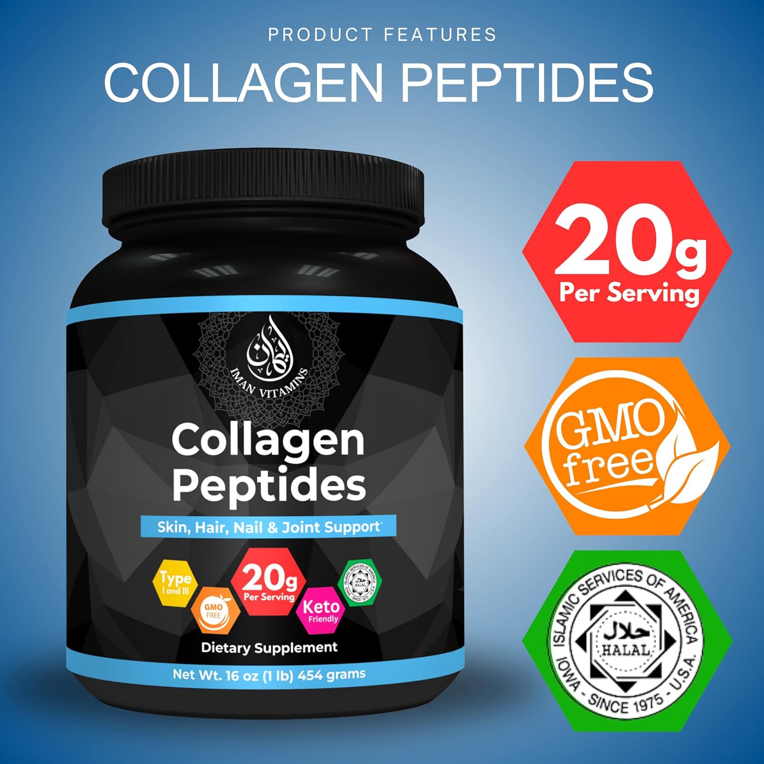 Halal Collagen Peptides Powder, 1 lb, Non-GMO, Keto Friendly, 18g Protein, Skin, Hair, Nail and Joint Support, 20 Grams of Collagen Per Serving, 16oz