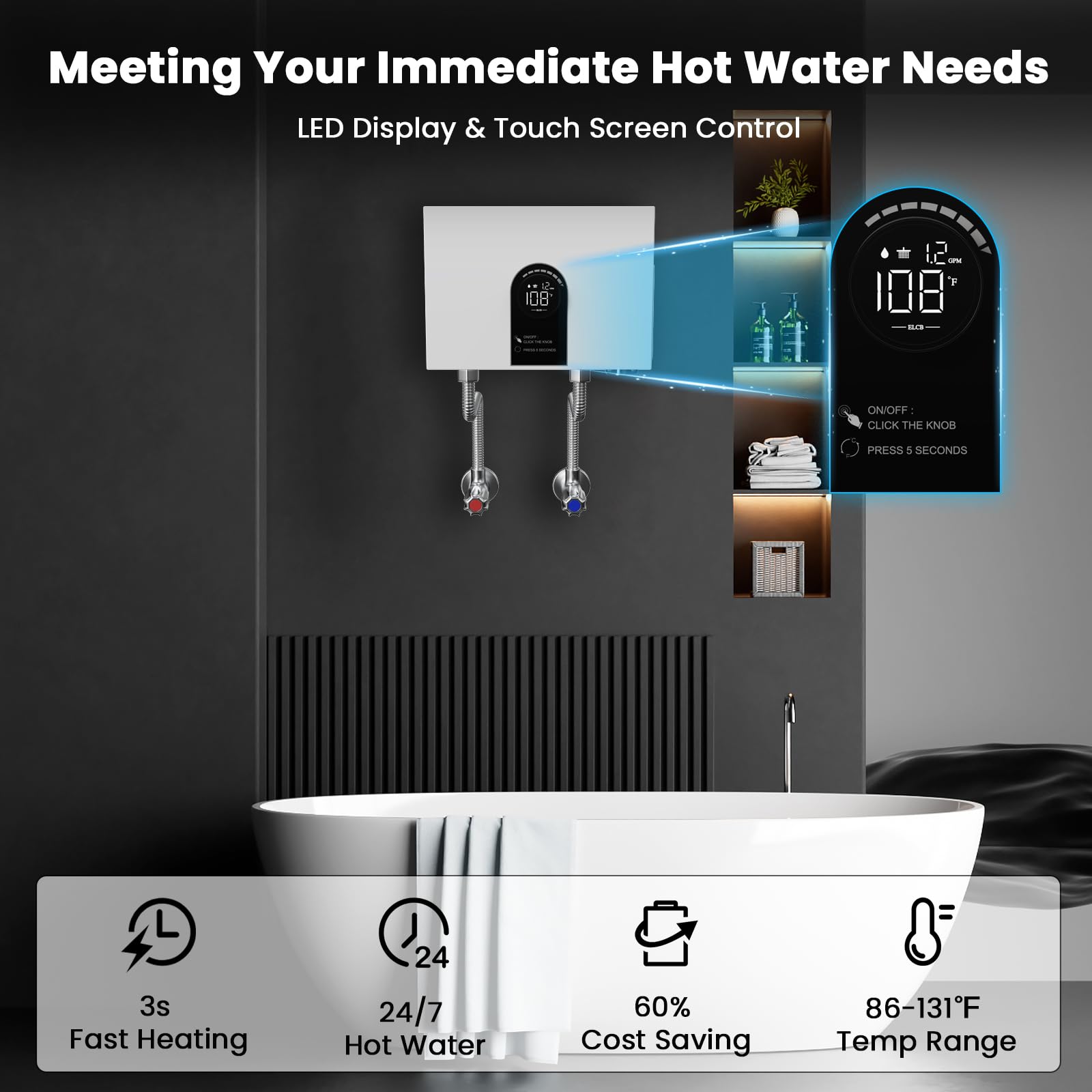 Scaldabagno senza serbatoio elettrico, scaldabagno istantaneo da 13 kW 240 V per punto di utilizzo e acqua senza fine con visualizzazione della temperatura, protezione da auto-modulazione e