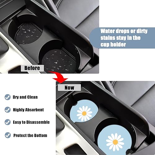 Miniatura 4 de Portavasos para automóvil, posavasos de cerámica absorbente con margaritas blancas, portavasos para bebidas, accesorios para automóviles para