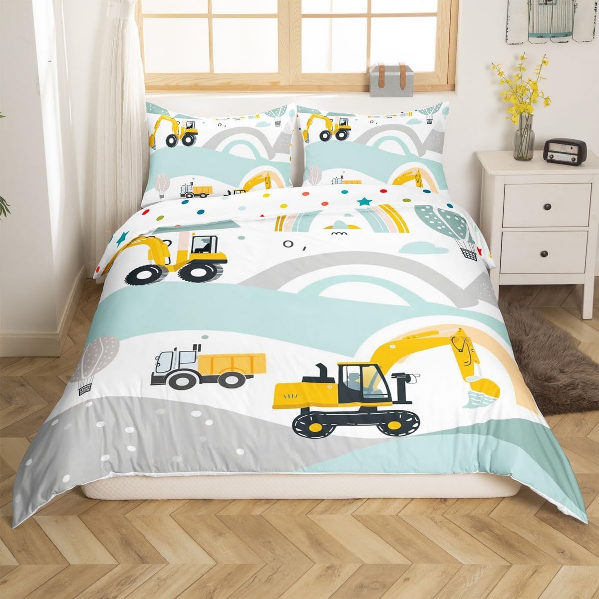jejeloiu Kids Kids Excavator Bedding Set Toddler Size, Rainbow Construction Vehicles Duvet Cover Equipment Trucks Comforter Cover Boys Girls Teens Bedroom Decor Quilt Cover (No Comforter)