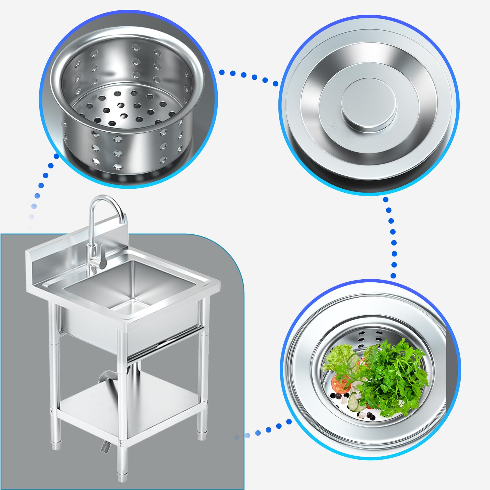 RiveraSink Fregadero Inox Autoportante 50x50 cm 1 Cubeta Exterior | Acero Inoxidable, Salpicadero Trasero, Grifo Incluido, 1 Cubeta Amplia, Patas Regulables, Kit de Desagüe, Uso Exterior
