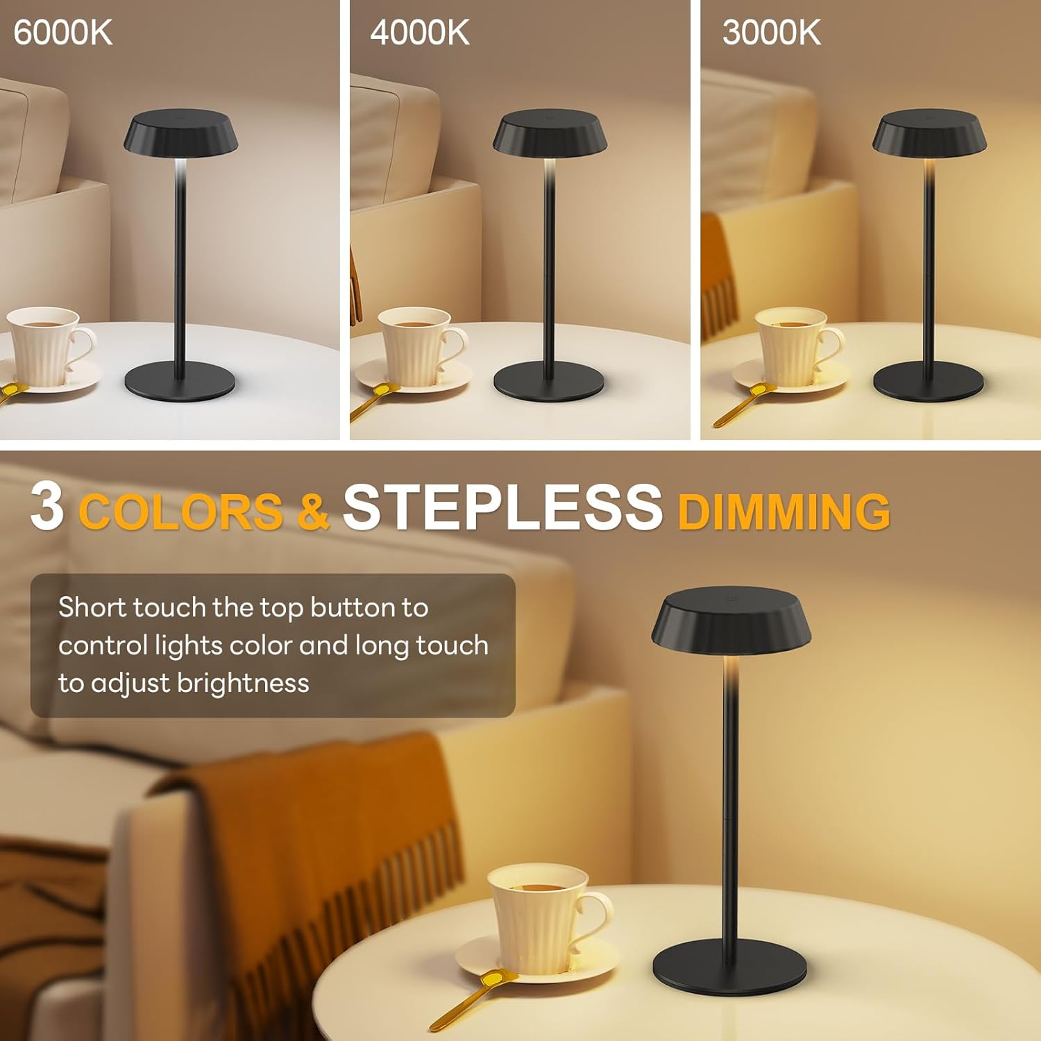 EppieBasic Cordless Table Lamp, Cordless Rechargeable Table Lamp Black 2 Pack Portable & Minimalist Design-Battery Powered, 3 Colors Stepless Dimming Metal Touch Lamps for Living Room, Dining, Desk