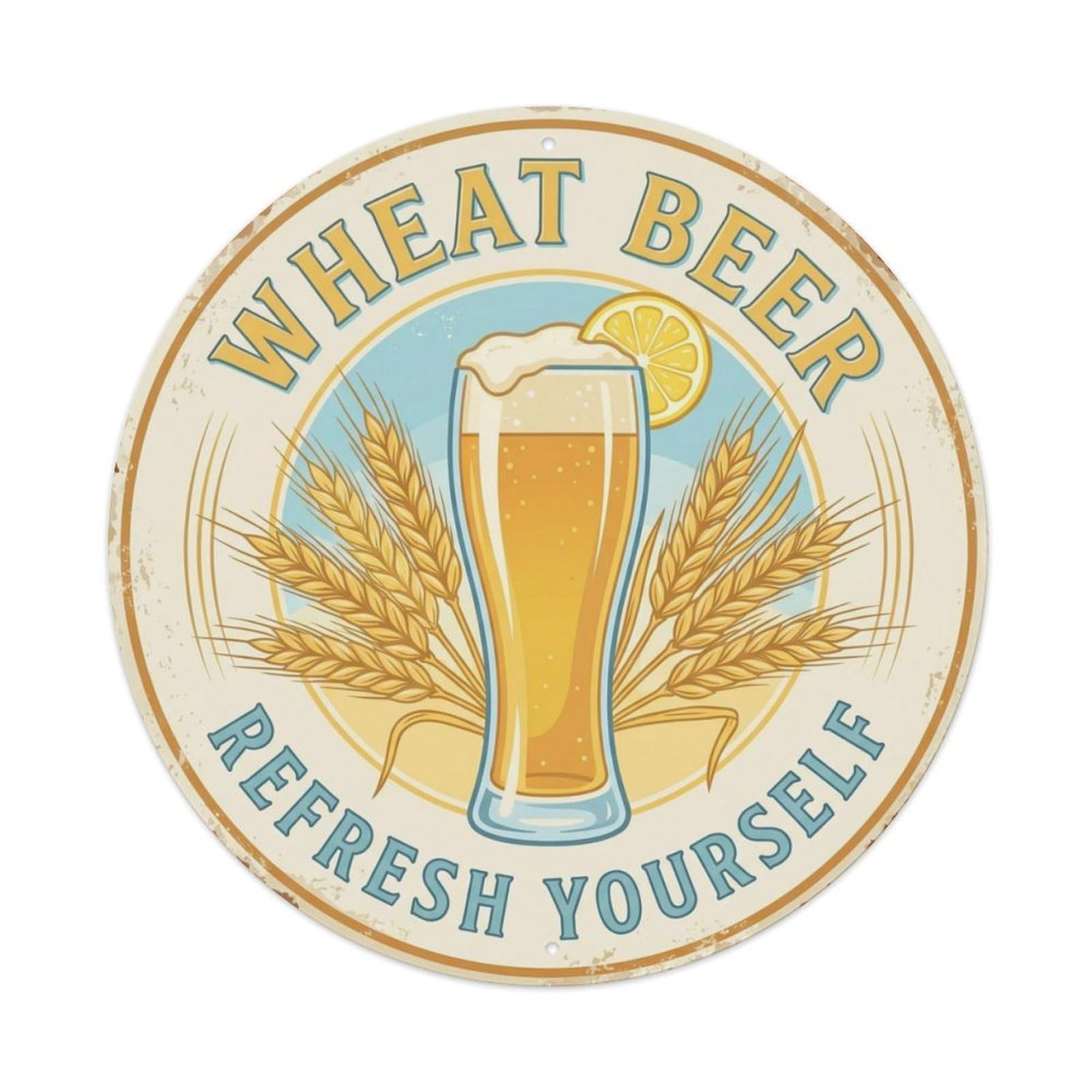 Wheat Beer Refresh Terrace Beer Metal Tin Sign Plaque Wall Decor for Cafe, Club Bar, Office, Home Garden Round Metal Poster 8x8Inch