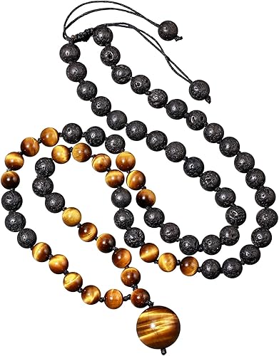 Jewever Lapislázuliojo de tigre con colgante de roca de lava, collares de cristales curativos para mujeres y hombres, difusor de aceites esenciales,