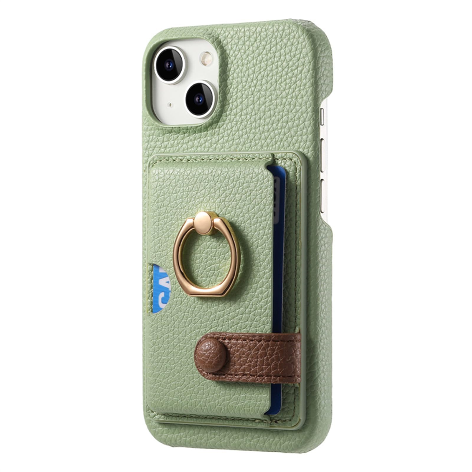 HAZARA Lederhülle Für 14 Pro Max/14 Plus/14 Pro/14, Mit Ring Halterung Und Kartenhalter, Stoßfester Stoßfänger TPU Hülle,Green1,15plus 6.7''