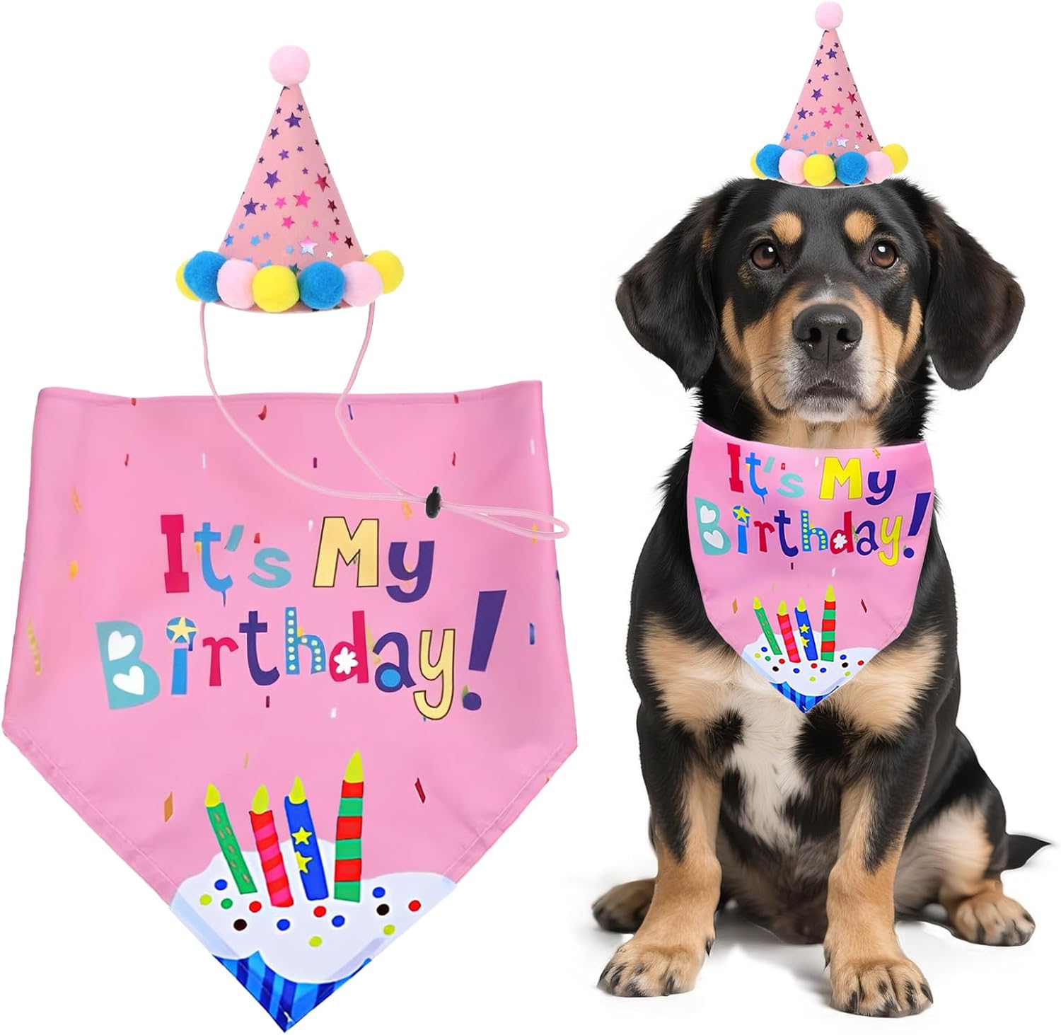 Dog Birthday Bandana Hat Set Dog Birthday Party Accessories Funny Dog Birthday Accessory Adjustable Neckerchief and Party Hat Pink
