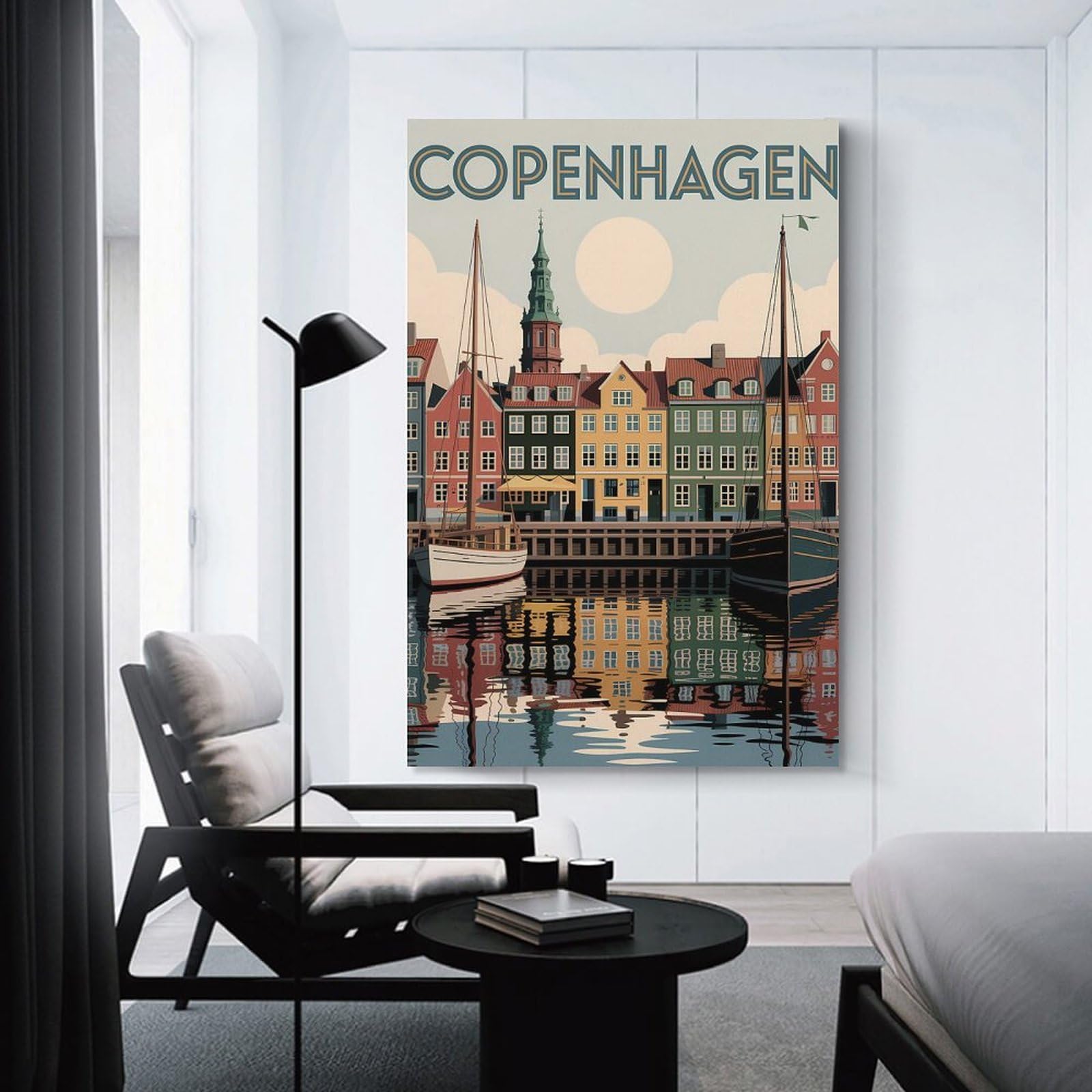 Junmoney Copenhagen Cityscape with Boats And Reflections Wall Art Print, 24x36inch(60x90cm), for Front Hall, Corridor Or Welcome Spaces, Wall Decor to Refresh Empty Corners