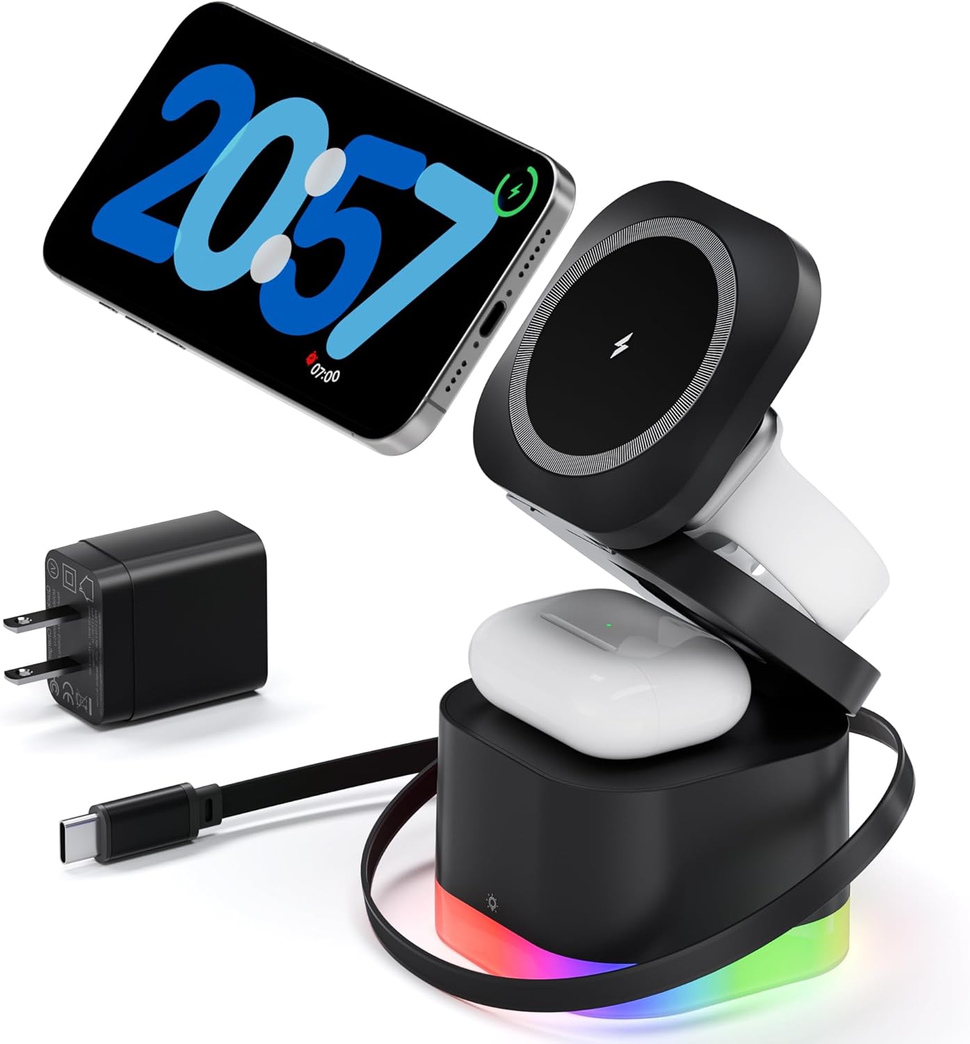 5 in 1 Magnetic Wireless Charger Stand with Night Light, Foldable Wireless Charging Station Built-in Retractable Cable, Travel Wireless Charger for iPhone16/15/14/13/12, Apple Watch, AirPods