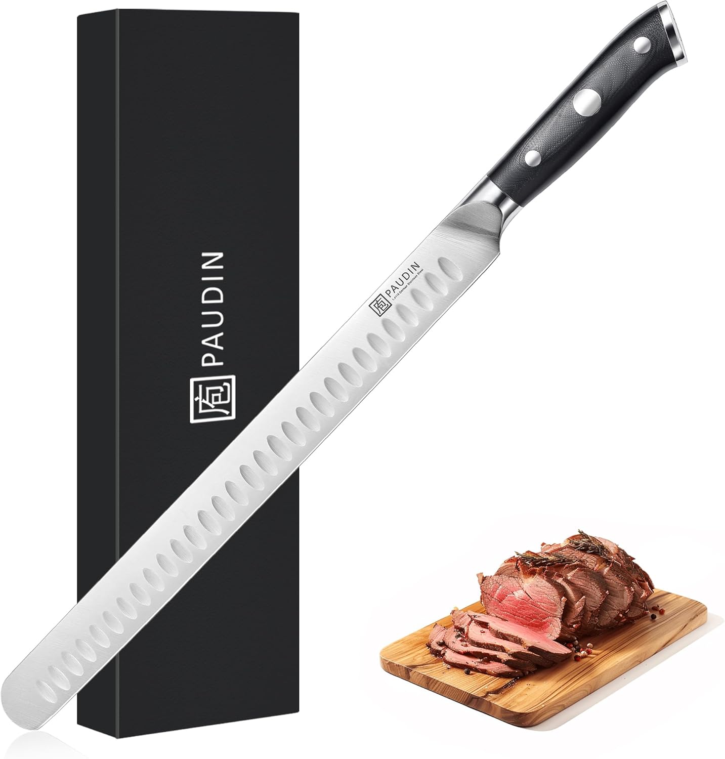 PAUDIN 12 Inch Carving Knife, Premium Slicing Knife with Granton Blade for Cutting Smoked Brisket, BBQ Meat, Turkey – Ergonomic G10 Handle PAUDIN 12 Inch Carving Knife, Premium Slicing Knife with Granton Blade for Cutting Smoked Brisket, BBQ Meat, Turkey – Ergonomic G10 Handle