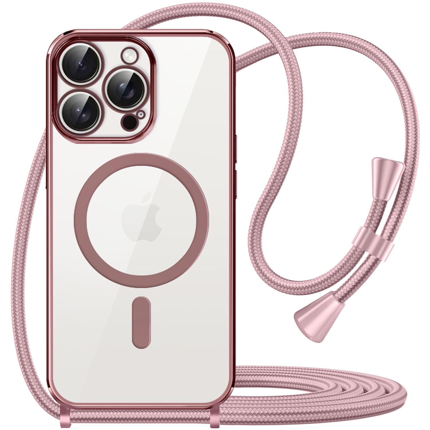 T Tersely for iPhone 16 Pro Max Soft TPU Case with Magnetic Adsorption, Adjustable Crossbody Strap, Neck Cord Lanyard and Wrist Tether Safety Straps for iPhone 16 Pro Max (Rose Gold)