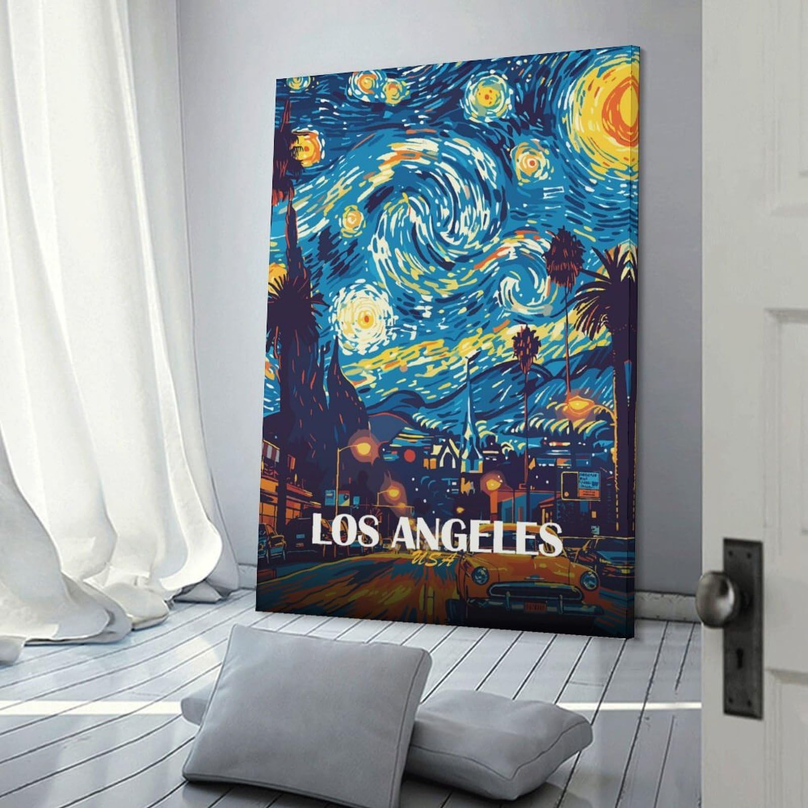 Junmoney Los Angeles Starry Night Art Canvas Wall Art, 08x12inch(20x30cm), for Wall Displays, Bedrooms Or Room Updates, Ideal for Building A Coordinated Art Wall