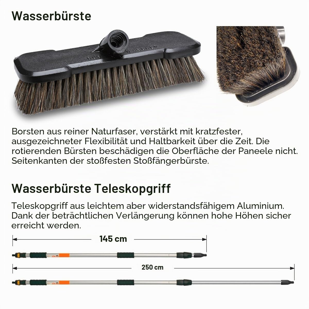 Reinigung Photovoltaik-Panels. Reinigung Solaranlage. Photovoltaikbürste Wasserbesen weiche Naturborsten. Auch ideal für Wohnmobil LKW Maschine. Pinsel Kratzfest