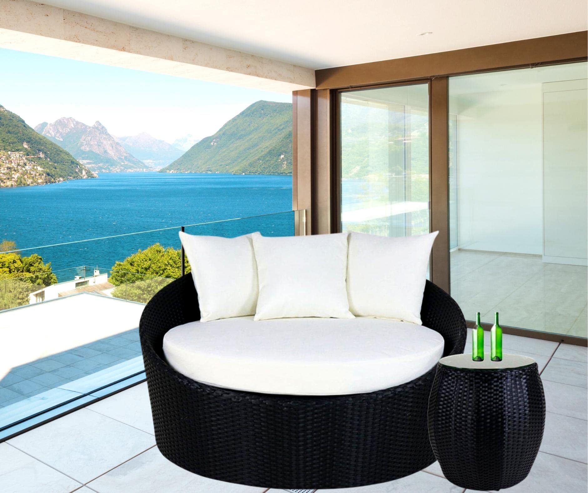 DEVOKO Outdoor Wicker Patio Daybed with Round Glass Top Coffee Table Weather-Resistant Furniture for Poolside, Garden,Balcony(Black & Off-White)