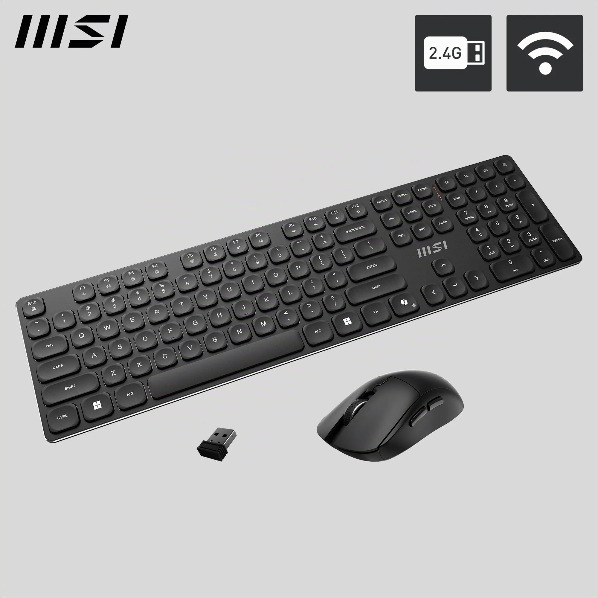 MSI FORGE K210 WIRELESS COMBO, QWERTY, IT Layout - Tastiera + Mouse Switch a forbice, Low-Profile, Wireless 2,4 GHz, Ricaricabile fino a 120 ore, USB 2.0, Mouse con sensore ottico 1600 DPI