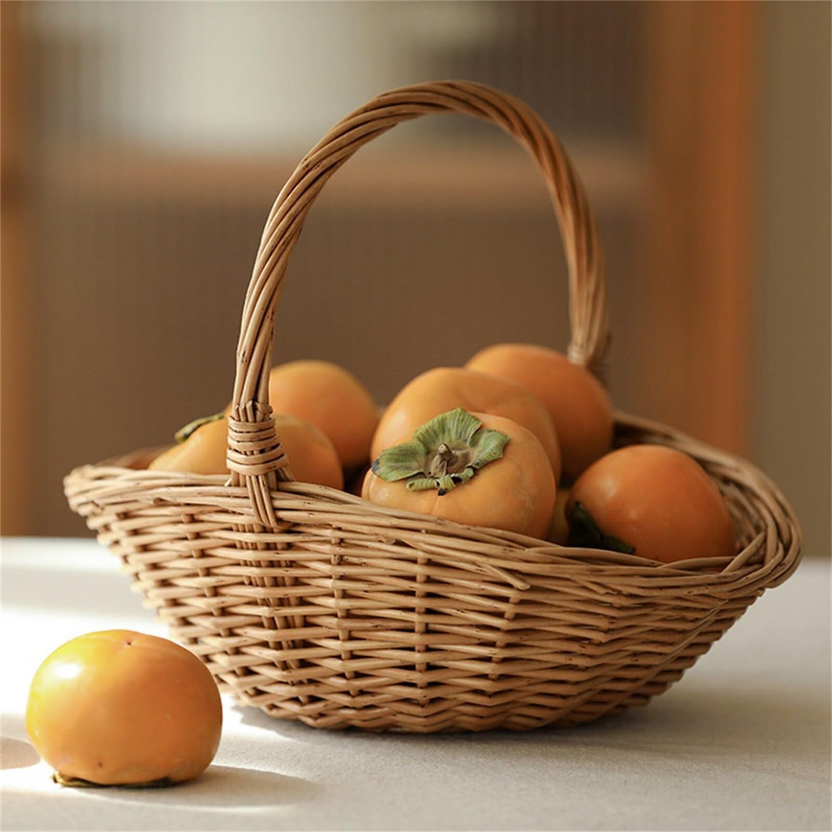 3X Cesta de Mimbre con Asa, Cesta de Compras de Mimbre, Cesta de Regalo, Cestas de Picnic, Cesta de Almacenamiento de Cocina - Pequeña