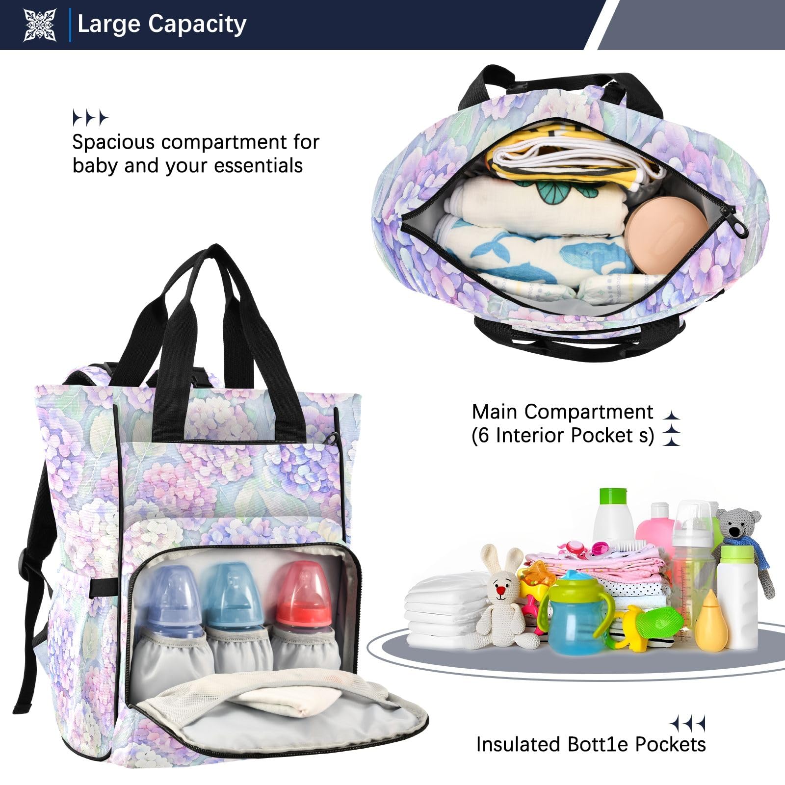Mnsruu Borsa per pannolini per bambini con motivo a foglie di ortensia zaino grande borsa impermeabile da viaggio borse per pannolini per mamme e papà