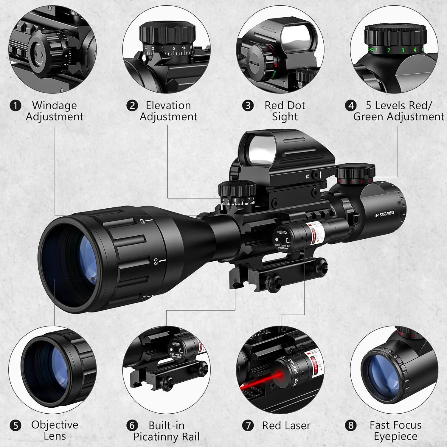 MidTen 4-16x50 AO Hunting Rifle Scope Dual Illuminated Rangefinder Optics & 4 Holographic Reticle Red/Green Dot Sight & Laser Sight