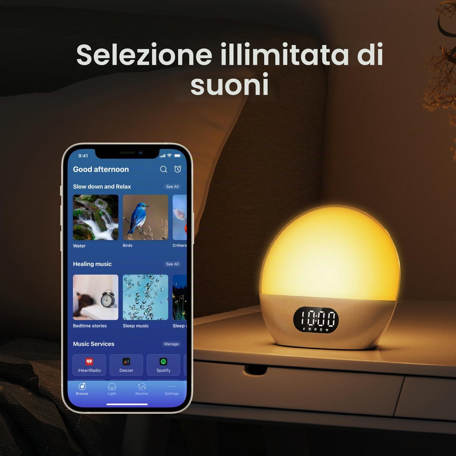 WiiM Wake-up Light, Alexa integrata, scelte sonore illimitate, sveglia all-in-one all'alba, macchina del suono, routine del sonno e altro ancora (Argento lucido)