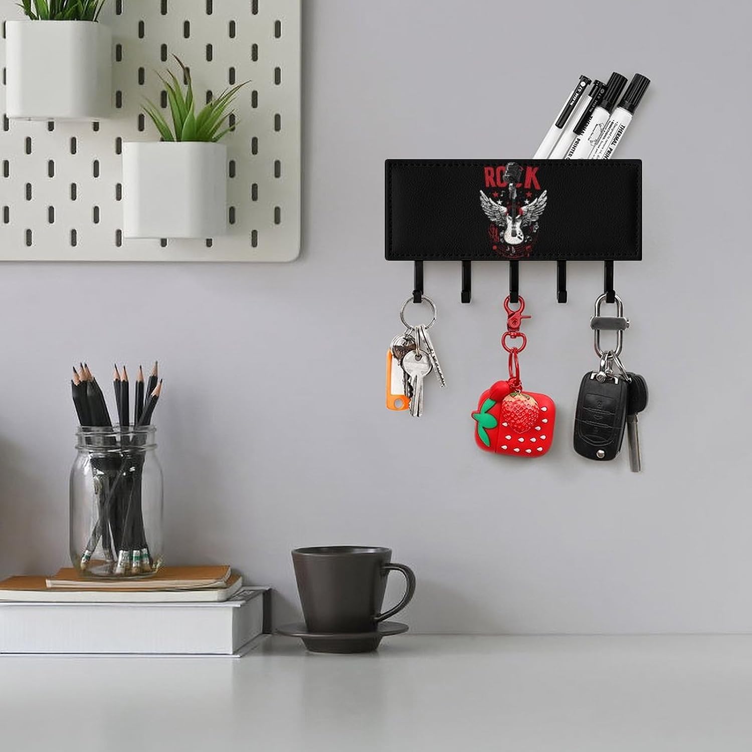 Rocks-Music Guitar Key Holder Wall Mount PU Leather Key Rack Key Hanger Mail Organizer Bathroom Kitchen image 5