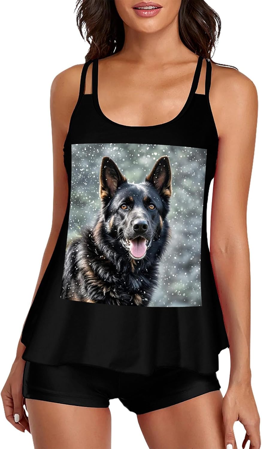 Swimsuits for Women Black German Shepherd Dog Tummy Control Two Piece Bathing Suits Swim Tops with Boy Shorts