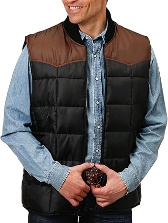 Mens Premium Ranch-style Block Quilted Insulated Vest - Cowboy Western Yoke Puffer Poleyster Vests