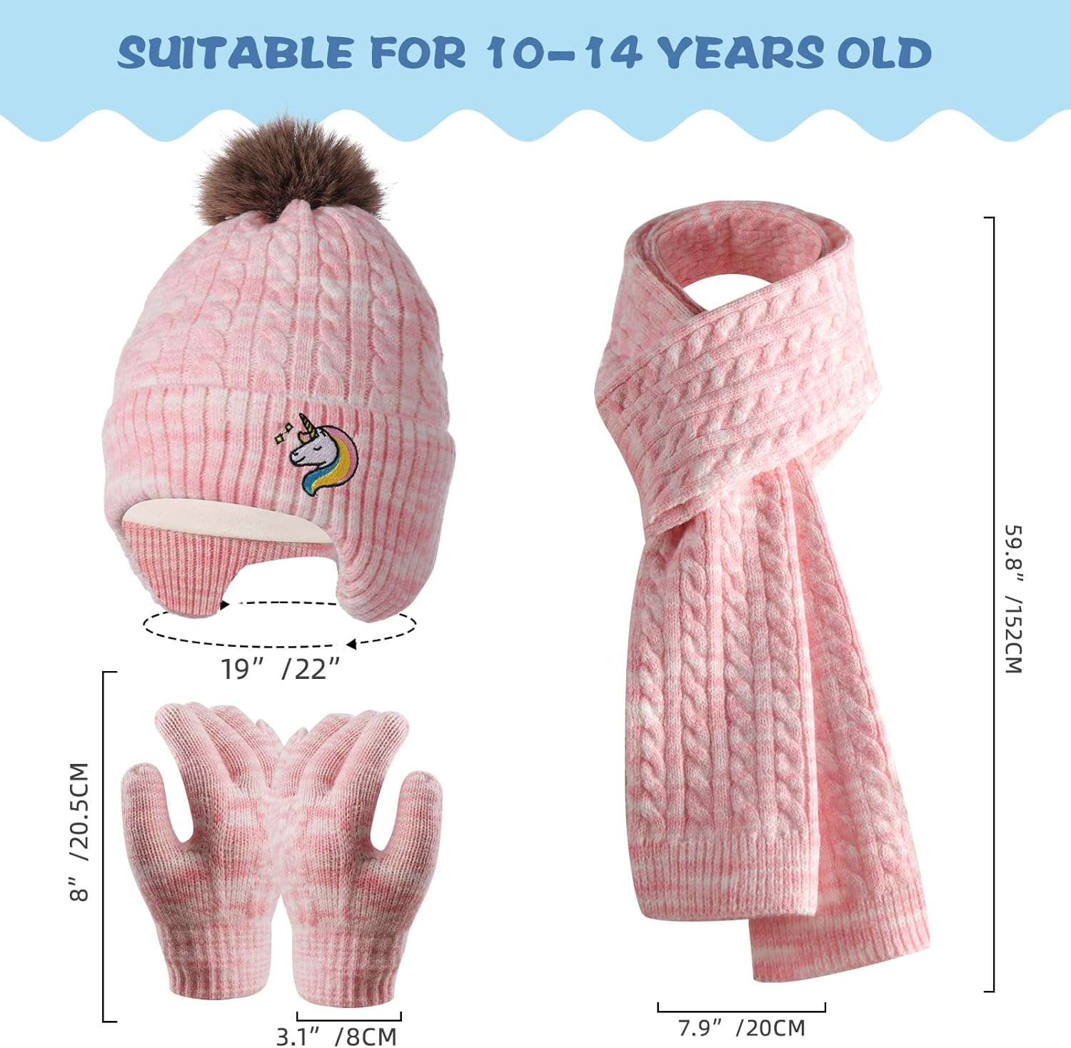 Kids Winter Hat Gloves Scarf Set for 2-14 Years Old Warm Fleece Lining - Image 5