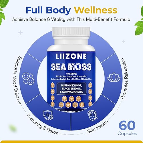 Miniatura 2 de Ashwagandha, complejo de musgo marino, 60 cápsulas con cúrcuma, aceite de semilla negra, vejiga, raíz de bardana, vitamina C, vitamina D3