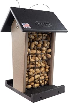 DutchCrafters Plastic Poly Hanging Whole Peanut Bird Feeder for Large Birds, Woodpeckers, Blue Jays for Outdoor, Garden, Yard - USA Amish Made Black & Weatherwood