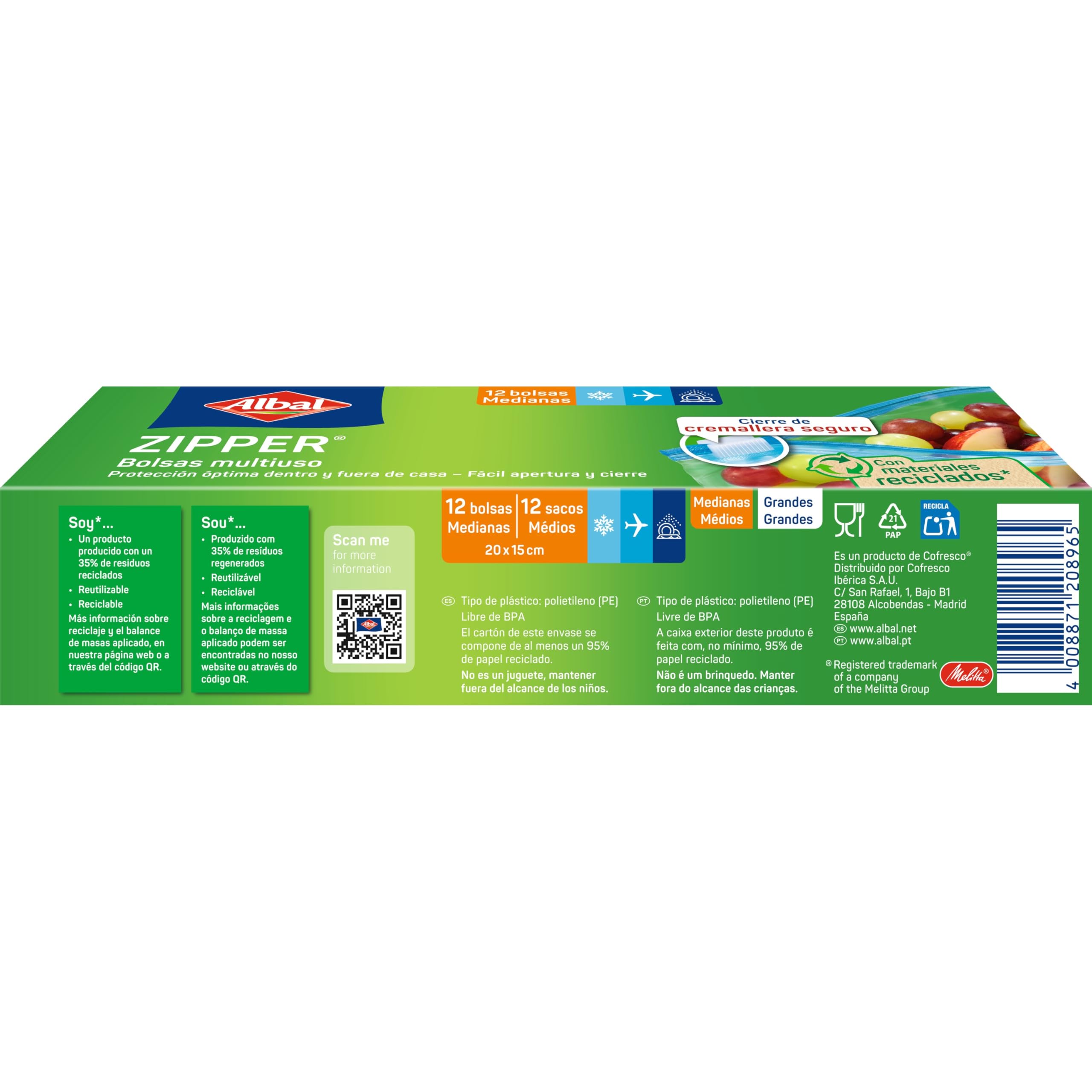 Albal Bolsas Multiuso Zipper 1 Litro, Fabricadas con 70% de Materiales Reciclados, Muy Resistentes, Reutilizables, Reciclables, Cierre Cremallera Hermético, Fondo Plano, 12 Bolsas
