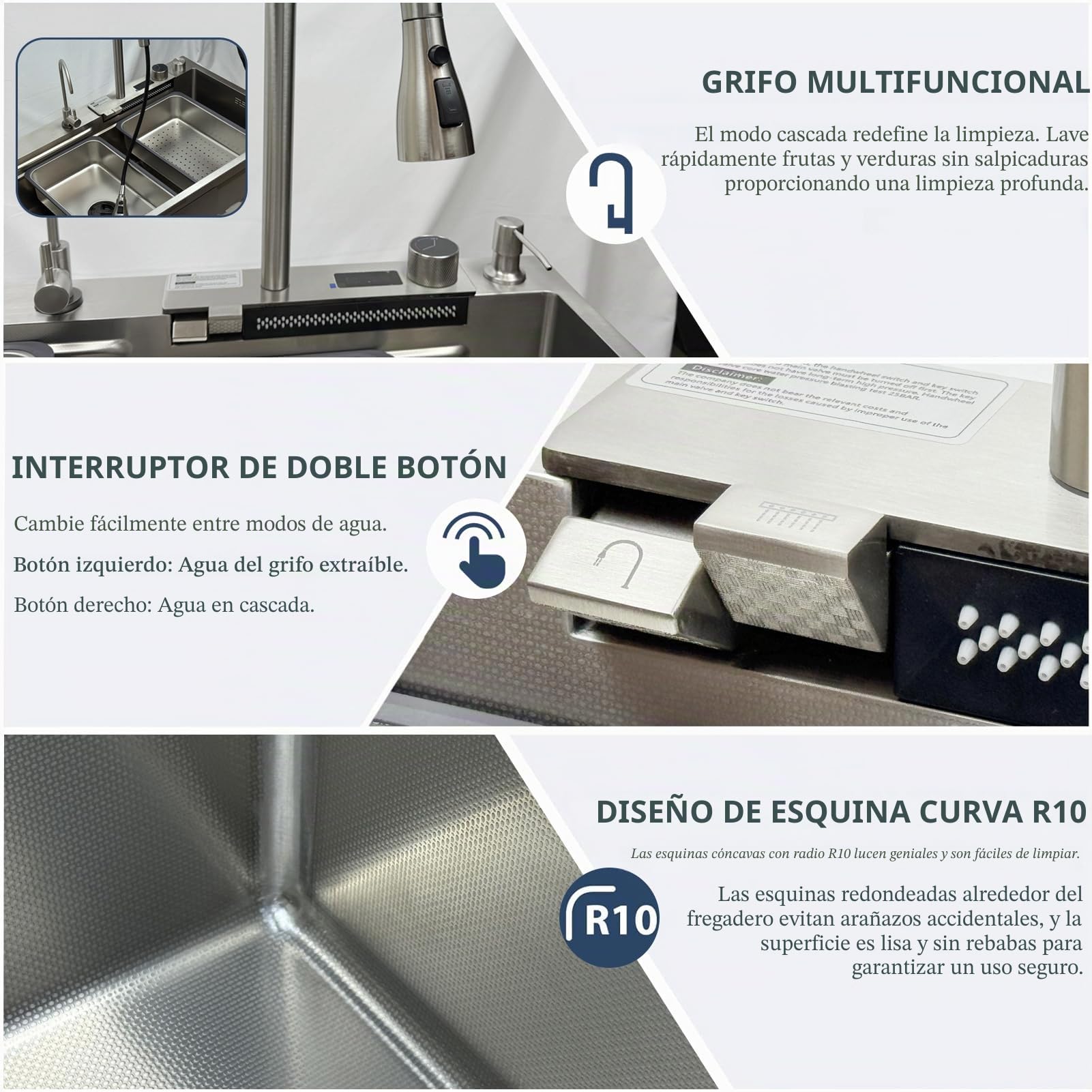 Fregadero de cocina con cascada, 85 x 50 cm, acero inoxidable cepillado 304, fregadero de cocina con pantalla digital, lavabo grande con cesta de drenaje, tabla de cortar, sifón, componente de desagüe