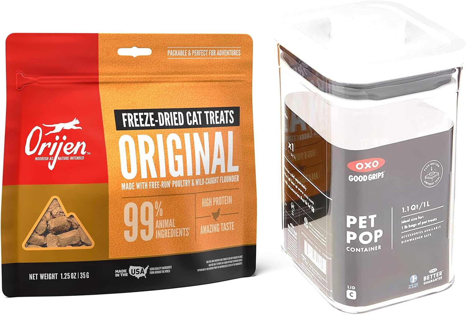 ORIJEN Freeze Dried Cat Treats, Original and OXO Good Grips Pet POP Container – 1.1 Qt