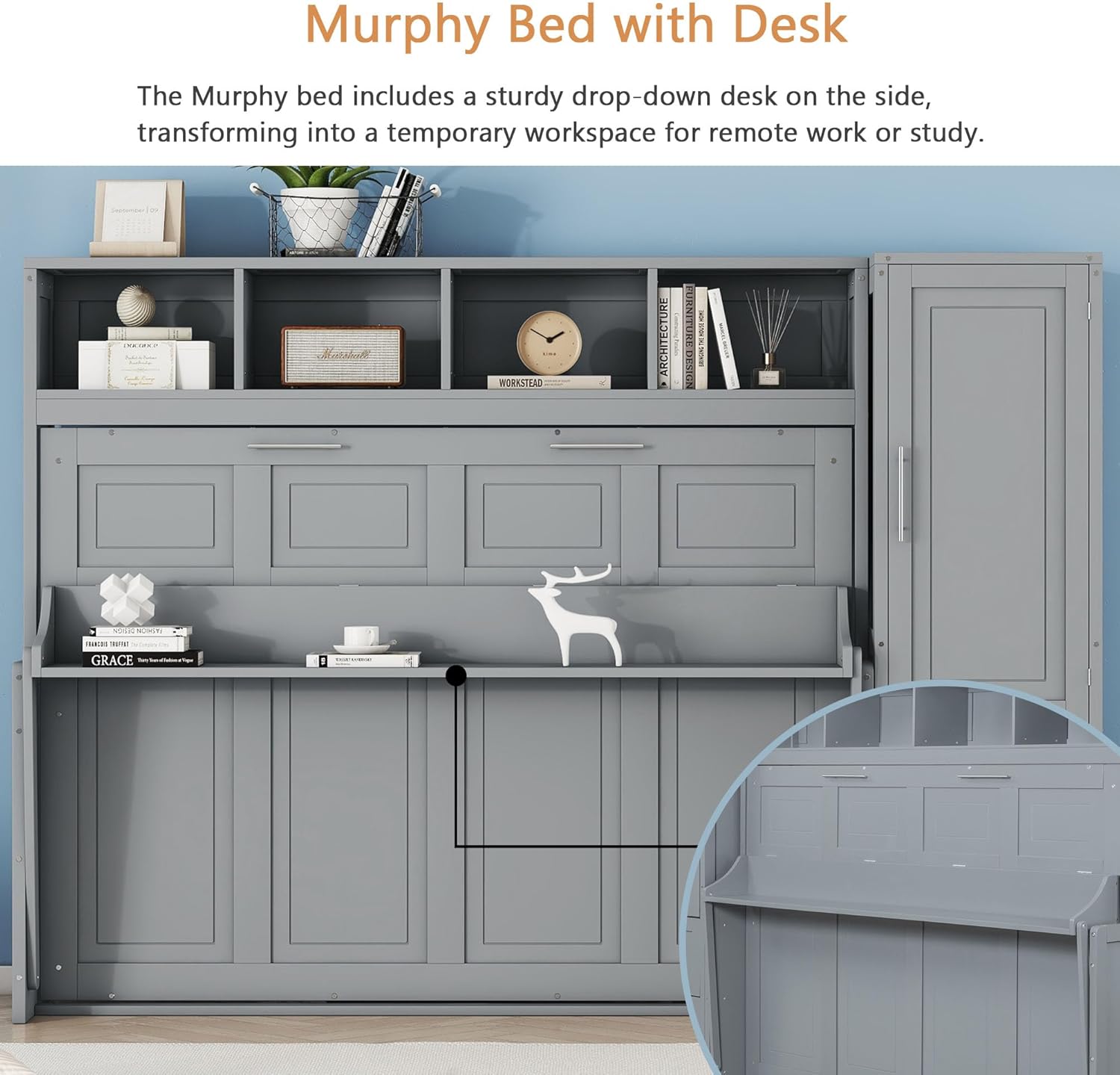 Linique Full Size Murphy Cabinet Storage Wall Bed with Closet and Drawers and Built-in Top Shelf,Hide a Bed on a Wardrobe Space Saving Design,Gray
