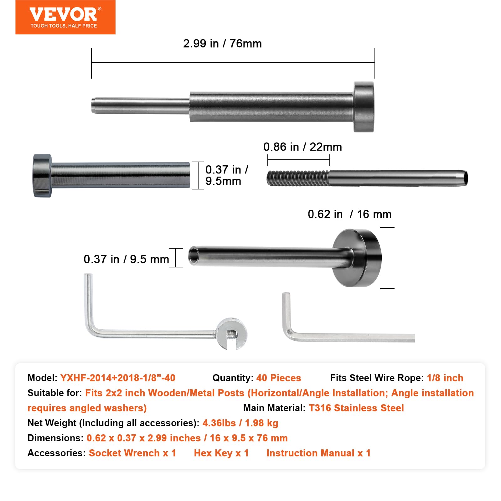 VEVOR Kit de garde-corps de câble invisibles, lot de 40, récepteur invisible 1/8" acier inoxydable T316 extrémité de goujon de sertissage, tendeur de sertissage 1/8" pour poteau en bois/métal, noir