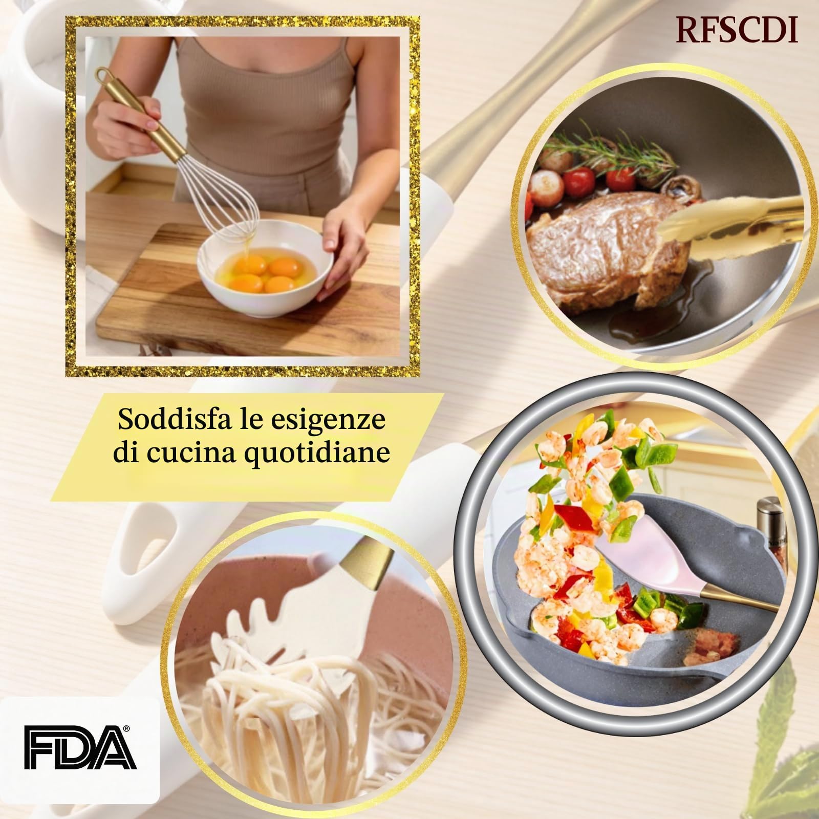 Elegante set di utensili da cucina in silicone oro bianco – non tossico, lavabile in lavastoviglie set di utensili da cucina con manici resistenti al calore – include spatola e cucchiaio per pentole