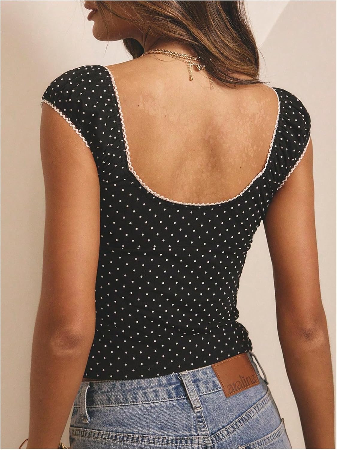 Women's Polka Dots Crop Tops Y2k Bow Cap Sleeve Fitted Going Out Summer Top - Image 2