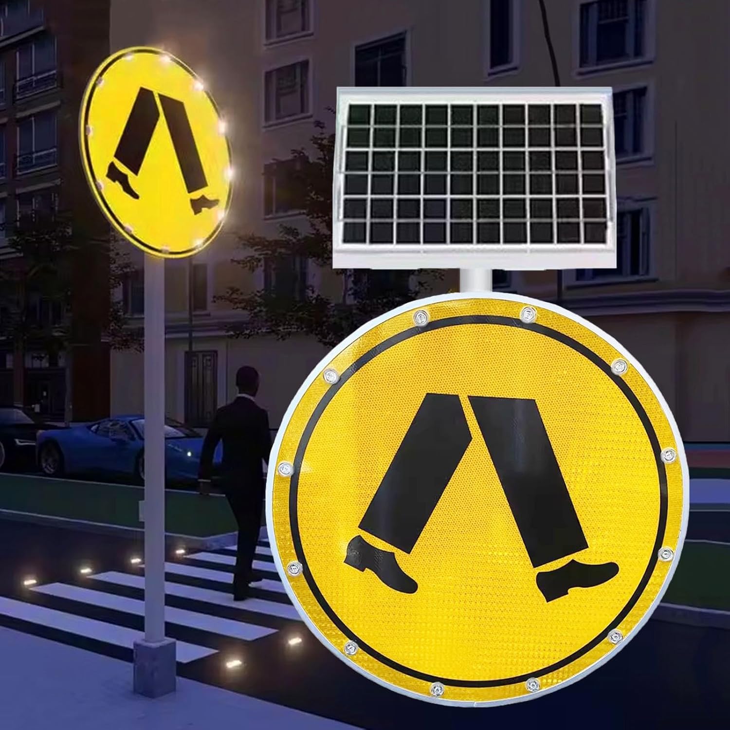 Crosswalk Safety Signals LED Warning Sign, 24" Solar Pedestrian Warning System Sign Traffic Edge Light for Carparks, Truck and Bus Depots