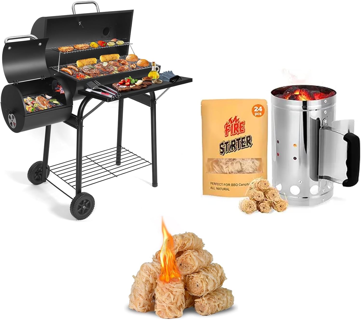 Offset Smoker Bundle with Steel Charcoal Bucket & 150 Rolls
