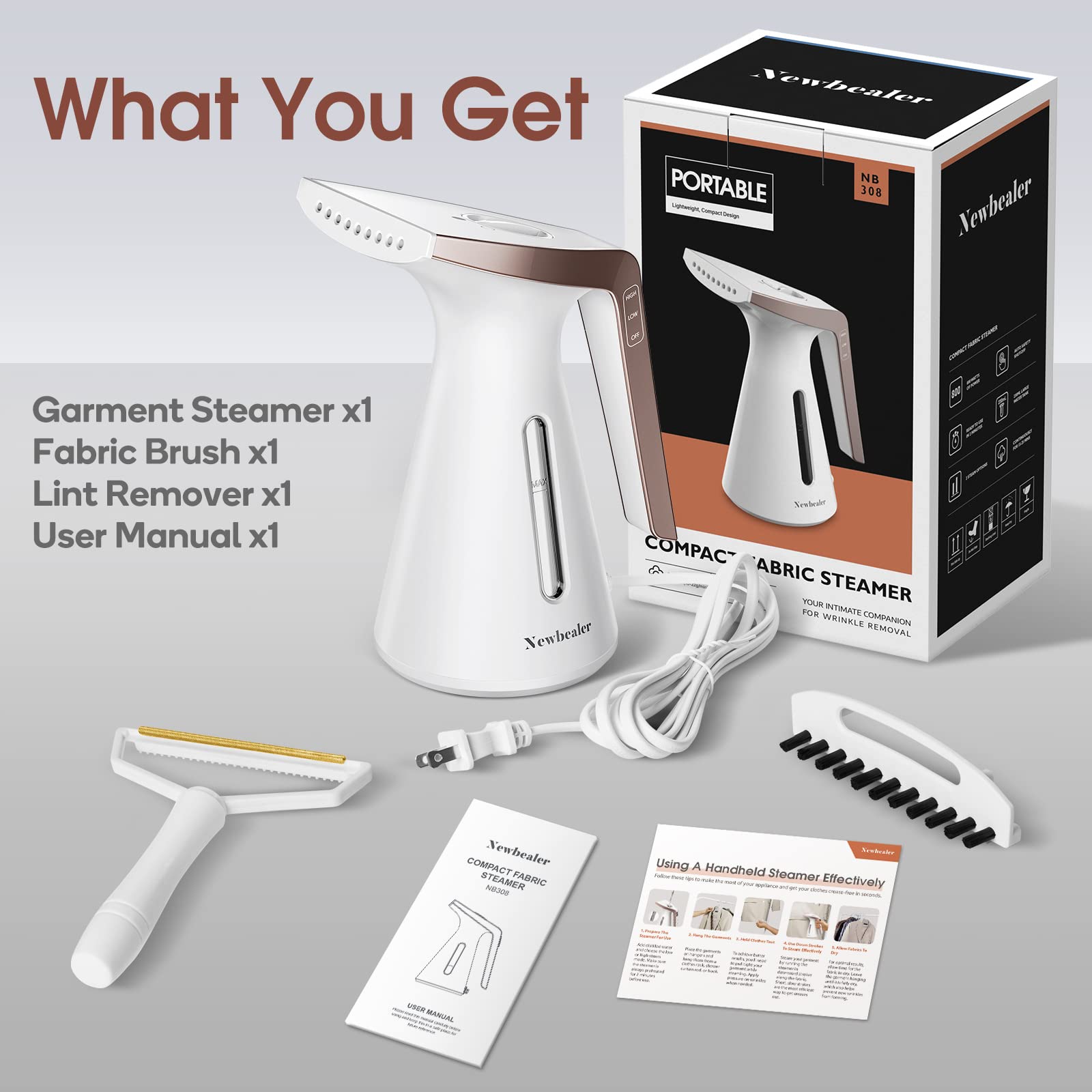 Newbealer Compact Fabric Steamer, 230ml Handheld Garment Wrinkle